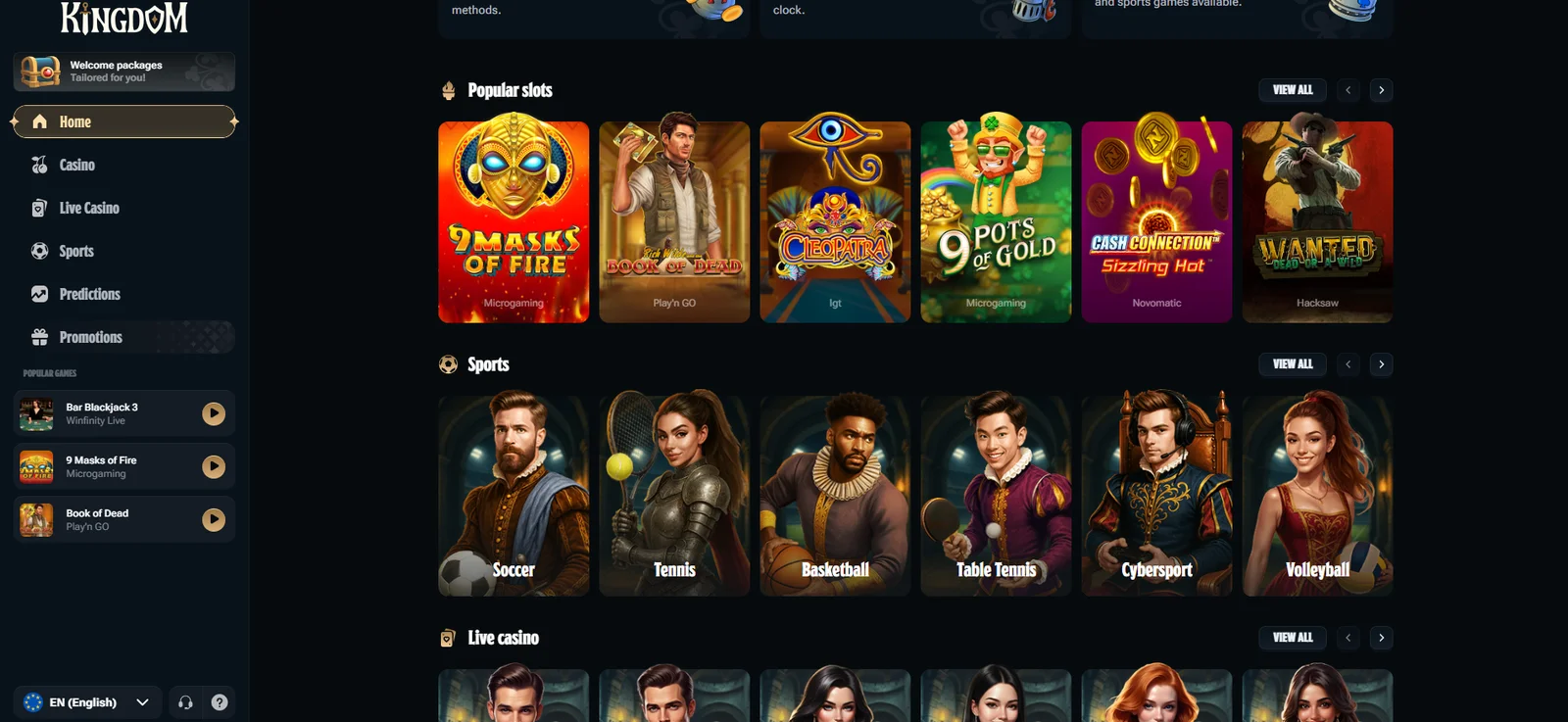 Kingdom casino lobby with slot games and sports categories