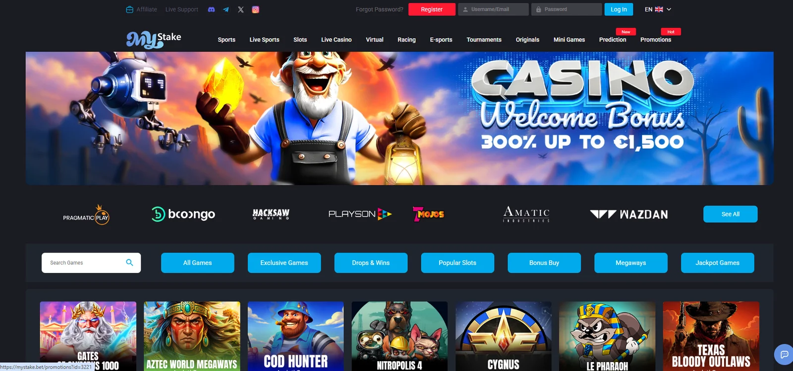 MyStake casino lobby with welcome bonus banner and game categories