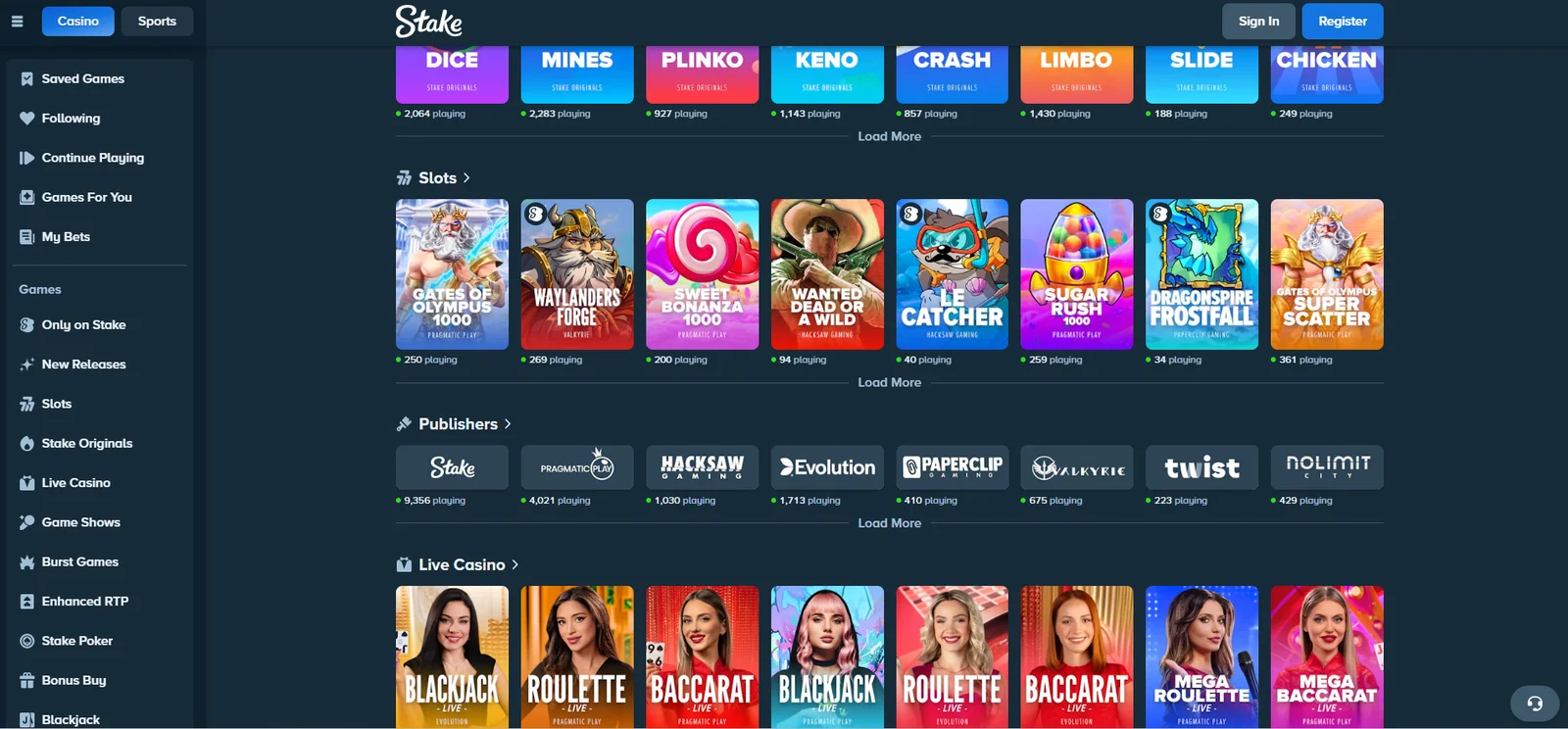Stake casino lobby with slots, game providers and live casino games